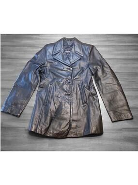 VTG Wilsons Leather Double Breasted Coat S 90s Black Genuine Leather EUC